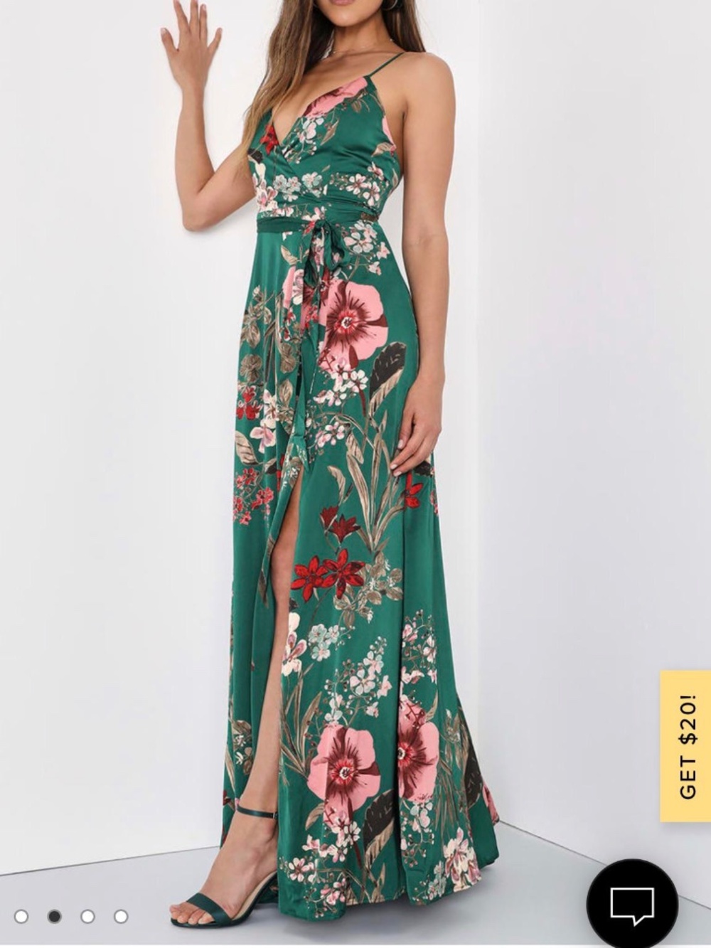 Lulu's Teal Floral Silk Wrap Maxi Dress with Tie Waist